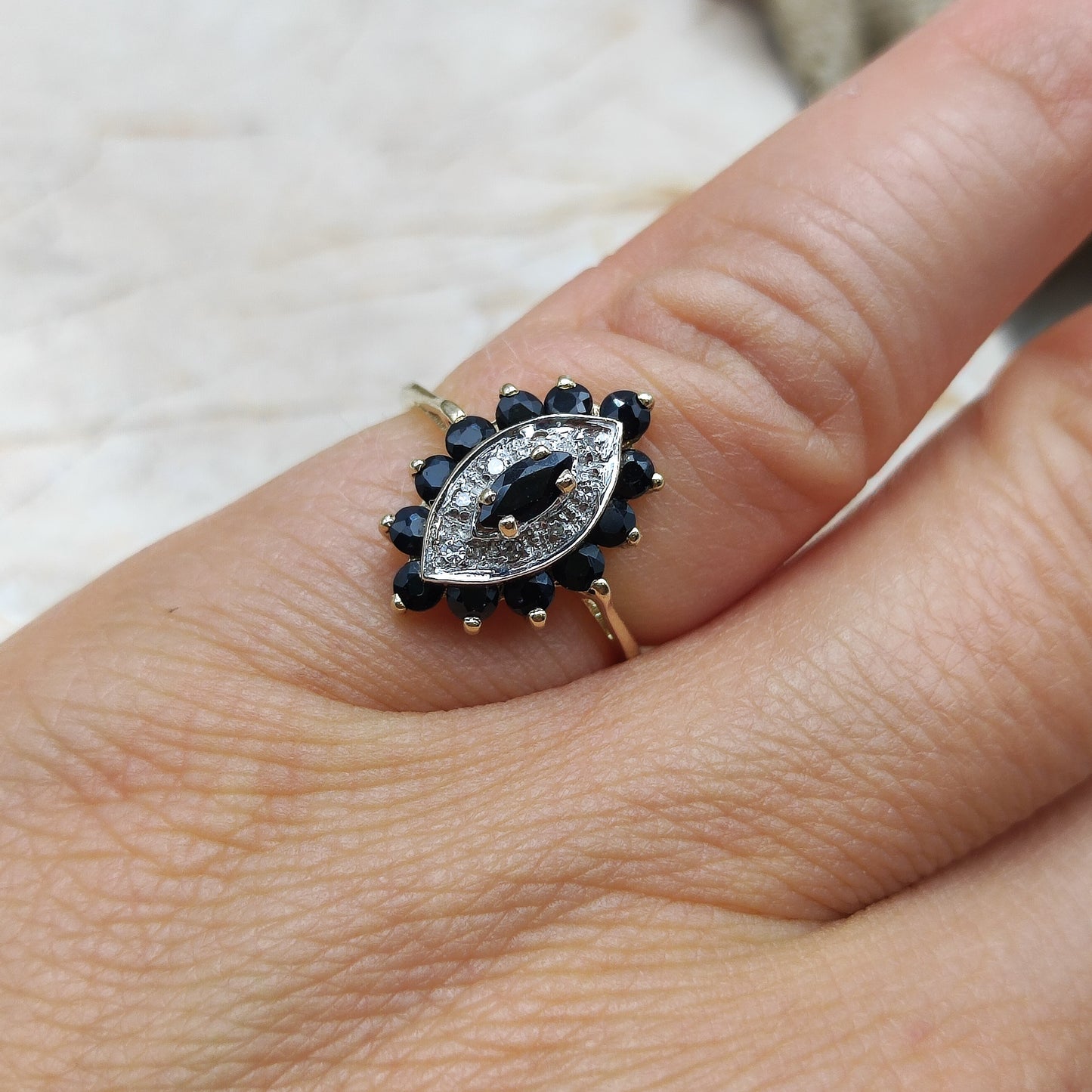 Vintage sapphire and diamond navette ring in 9K gold
