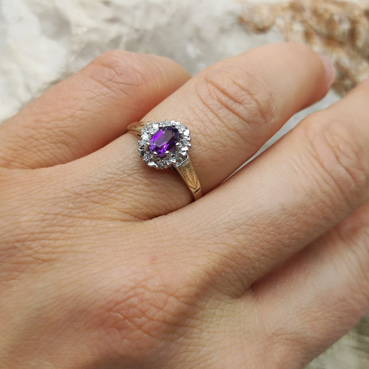 Vintage Amethyst and diamond ring in 9K gold