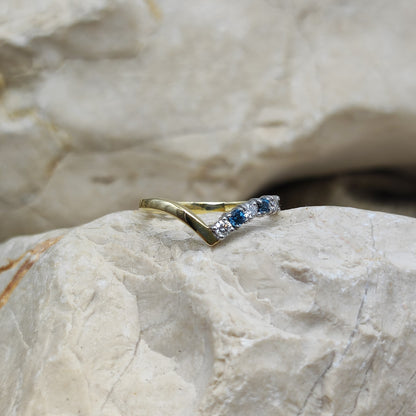 Vintage diamond and London Blue Topaz wishbone ring in 18K gold