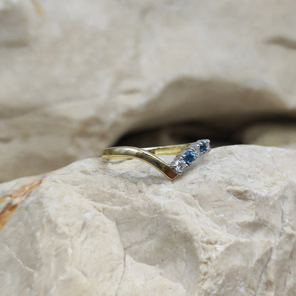 Vintage diamond and London Blue Topaz wishbone ring in 18K gold