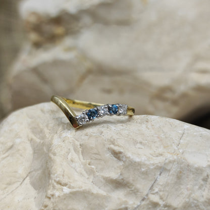 Vintage diamond and London Blue Topaz wishbone ring in 18K gold