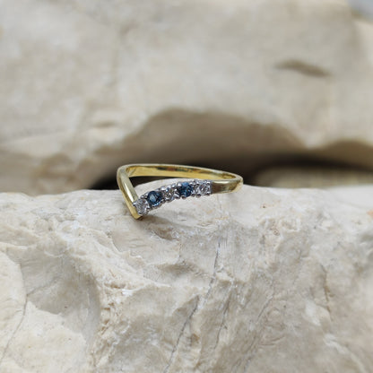 Vintage diamond and London Blue Topaz wishbone ring in 18K gold