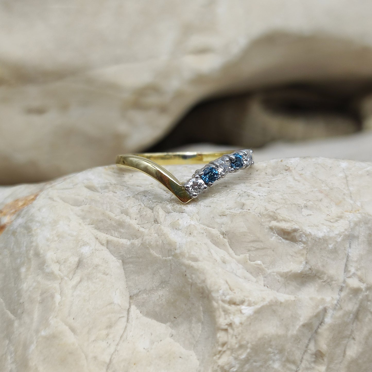 Vintage diamond and London Blue Topaz wishbone ring in 18K gold
