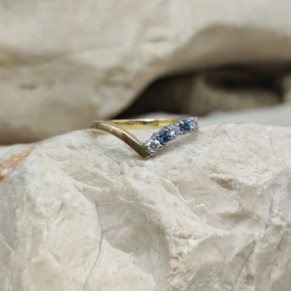 Vintage diamond and London Blue Topaz wishbone ring in 18K gold