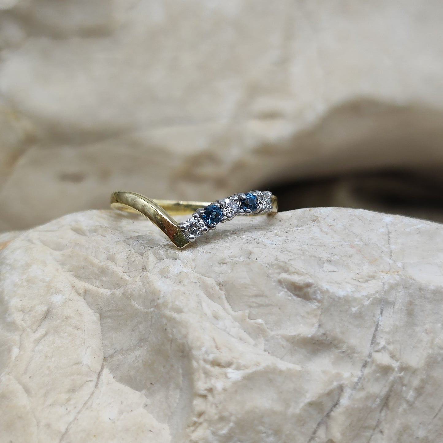 Vintage diamond and London Blue Topaz wishbone ring in 18K gold