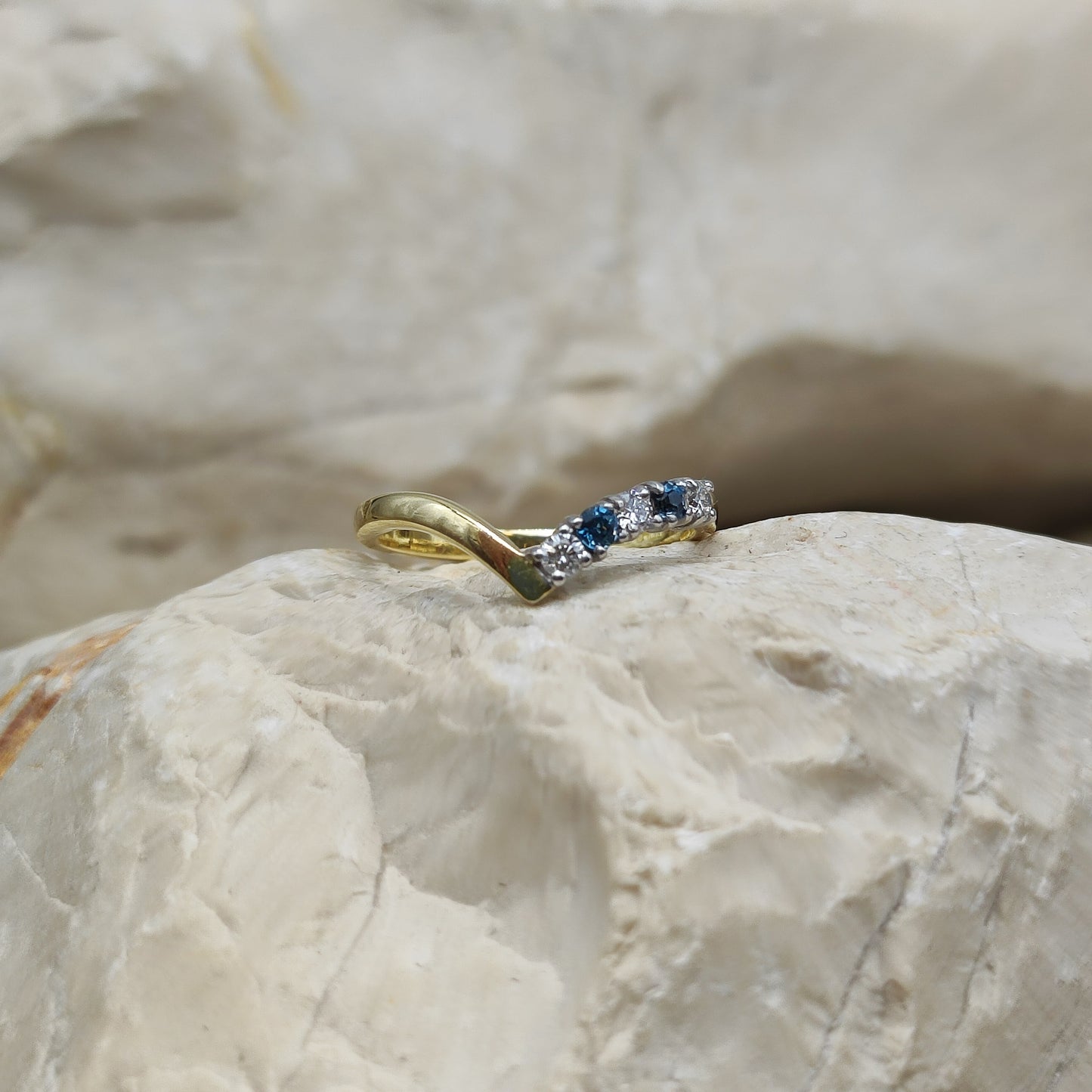 Vintage diamond and London Blue Topaz wishbone ring in 18K gold