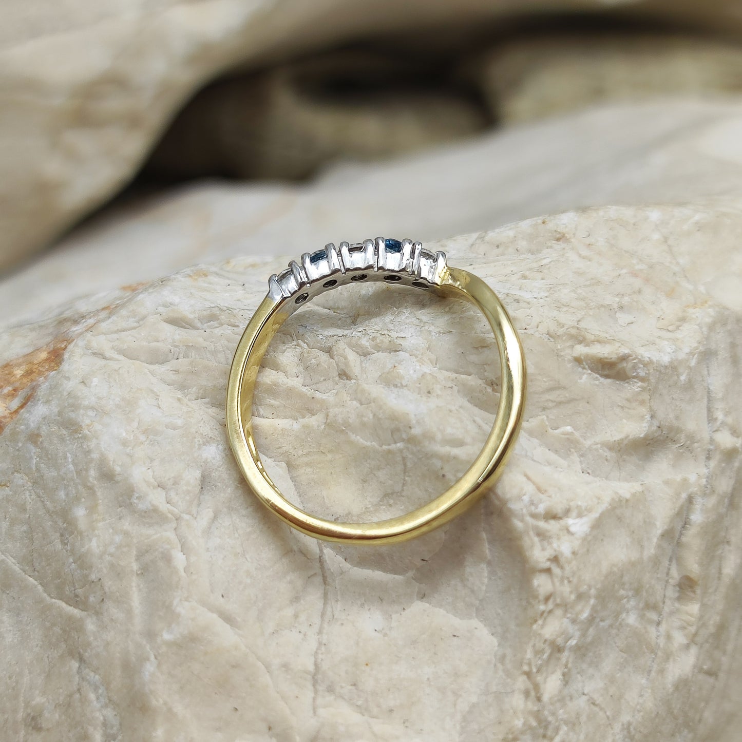 Vintage diamond and London Blue Topaz wishbone ring in 18K gold