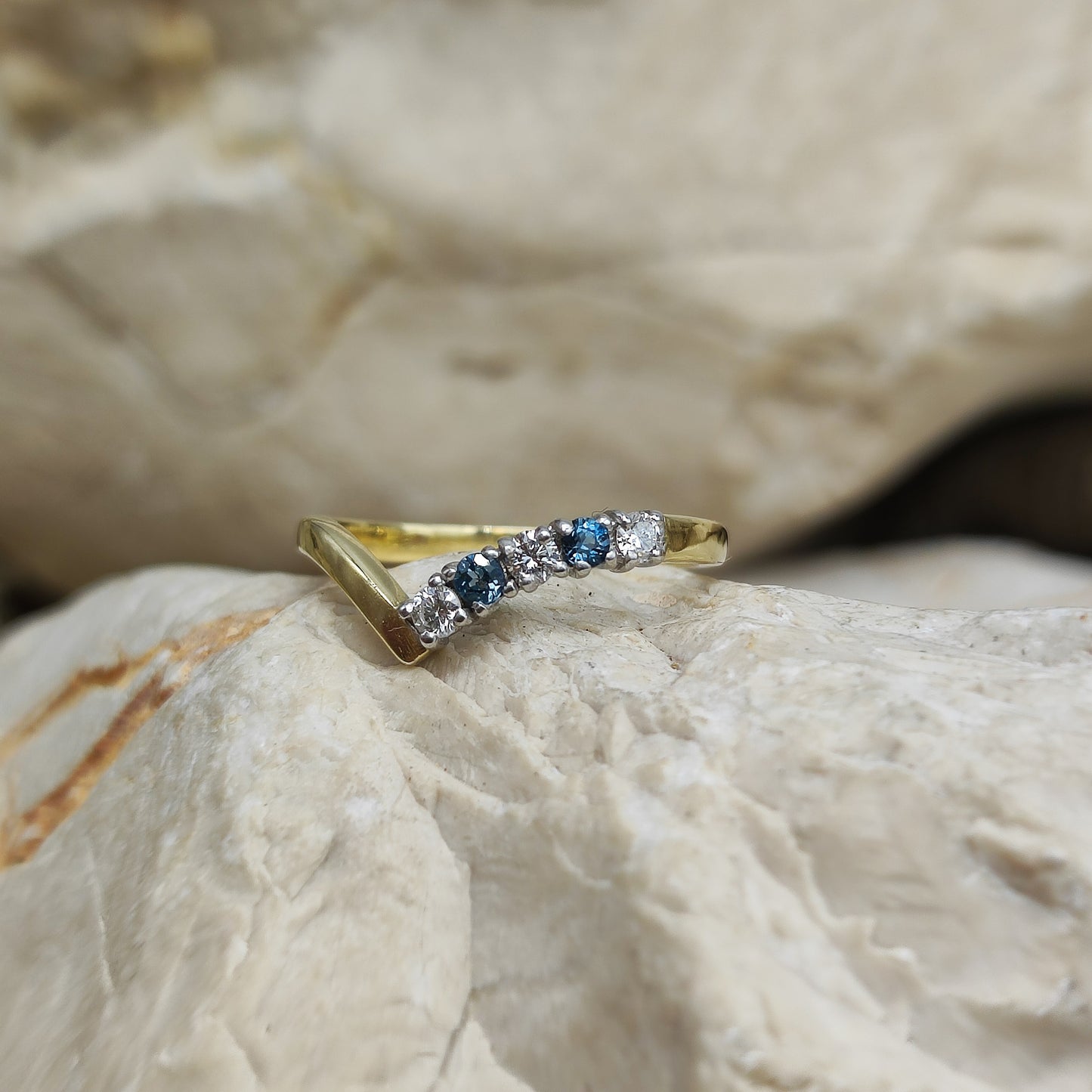 Vintage diamond and London Blue Topaz wishbone ring in 18K gold