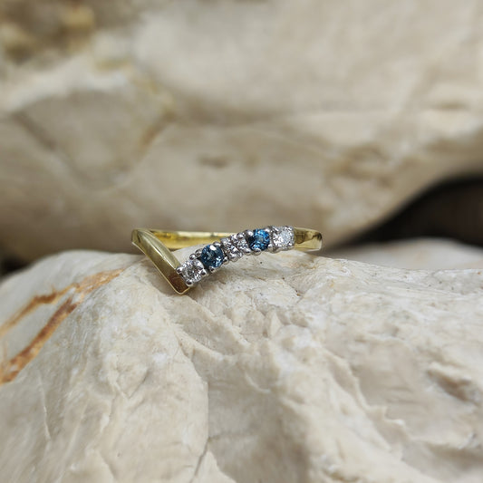 Vintage diamond and London Blue Topaz wishbone ring in 18K gold
