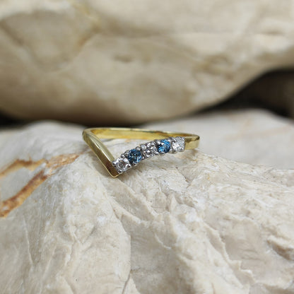 Vintage diamond and London Blue Topaz wishbone ring in 18K gold