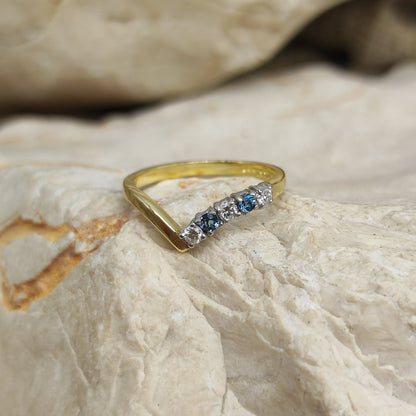 Vintage diamond and London Blue Topaz wishbone ring in 18K gold