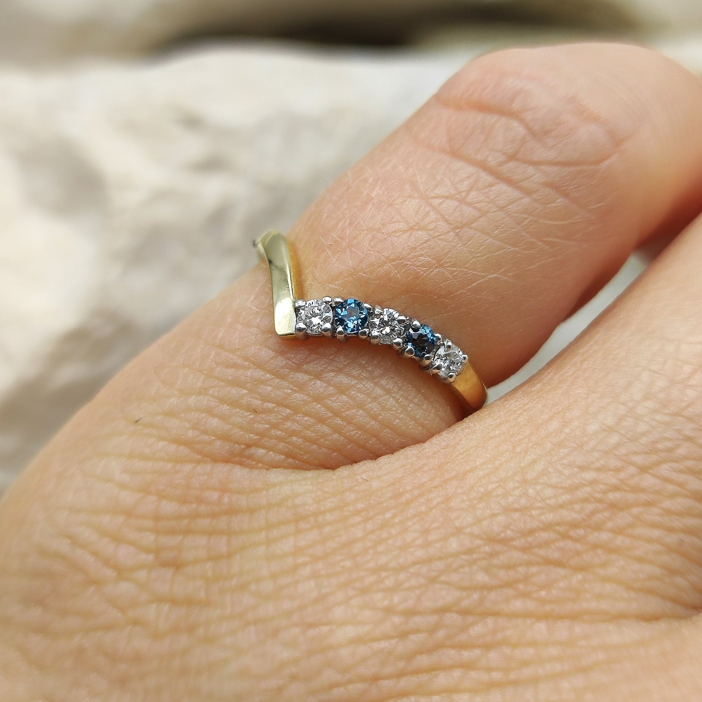 Vintage diamond and London Blue Topaz wishbone ring in 18K gold