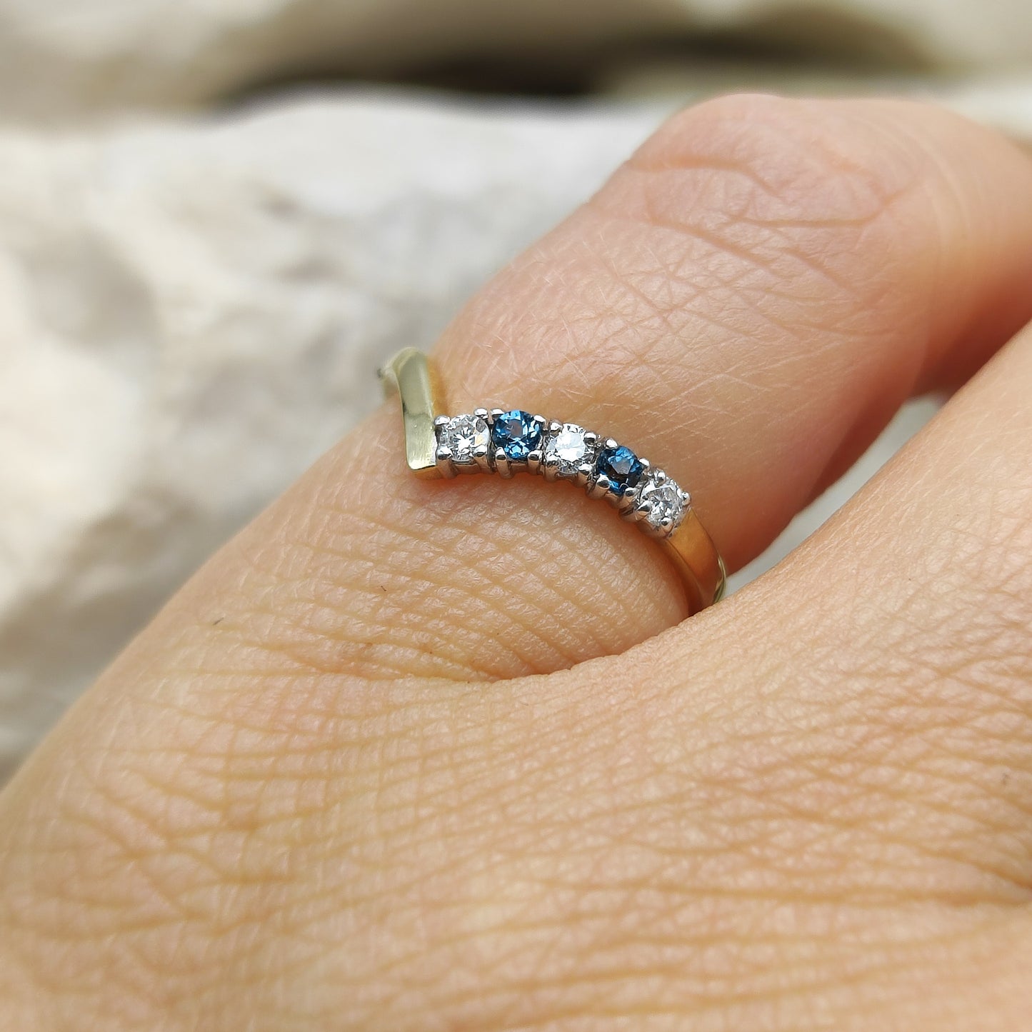 Vintage diamond and London Blue Topaz wishbone ring in 18K gold