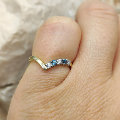 Vintage diamond and London Blue Topaz wishbone ring in 18K gold