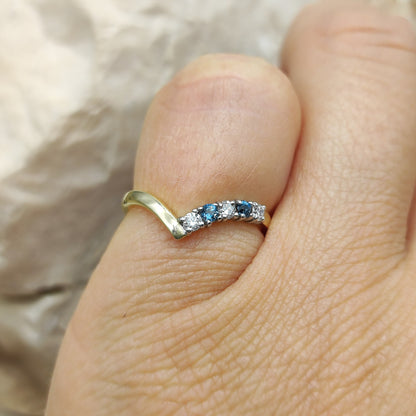 Vintage diamond and London Blue Topaz wishbone ring in 18K gold
