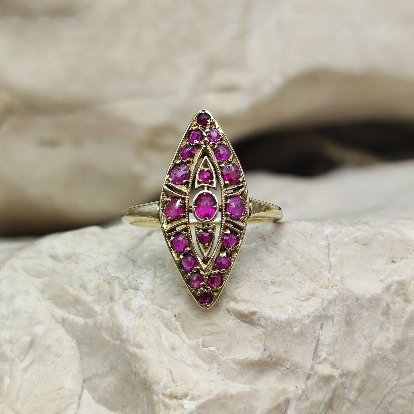 Vintage Ruby Navette ring in 14K gold