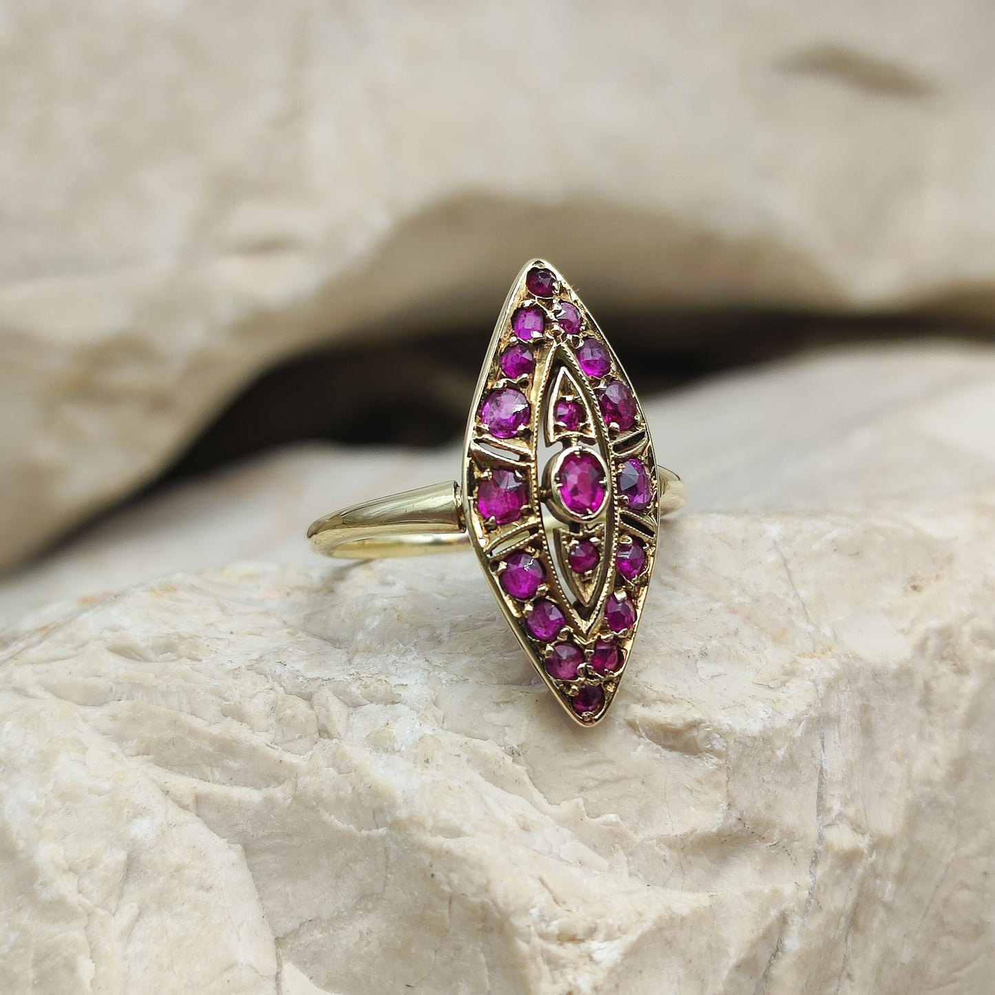 Vintage Ruby Navette ring in 14K gold