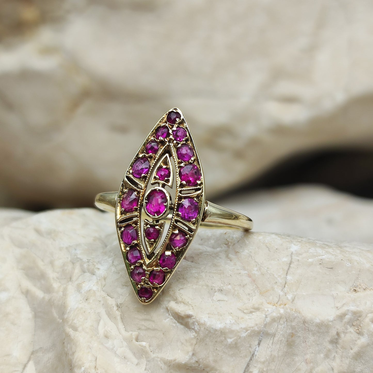 Vintage Ruby Navette ring in 14K gold