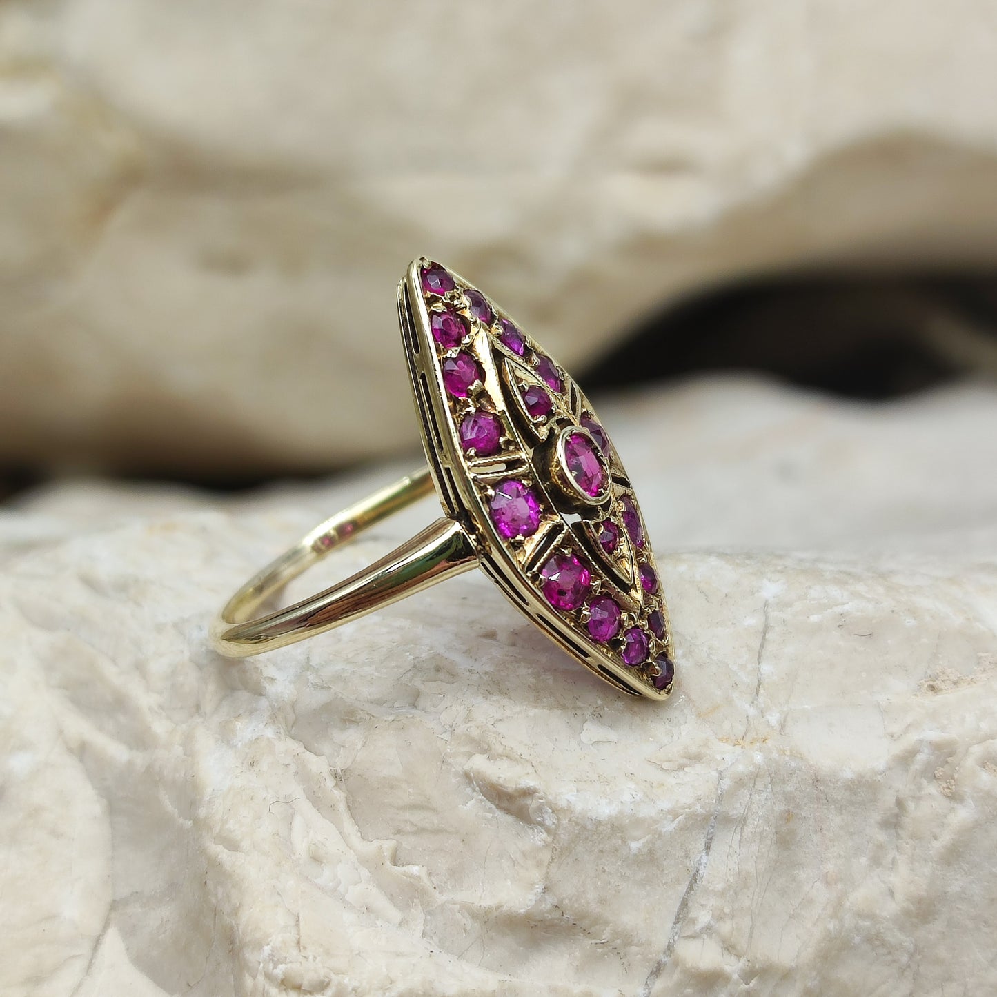 Vintage Ruby Navette ring in 14K gold