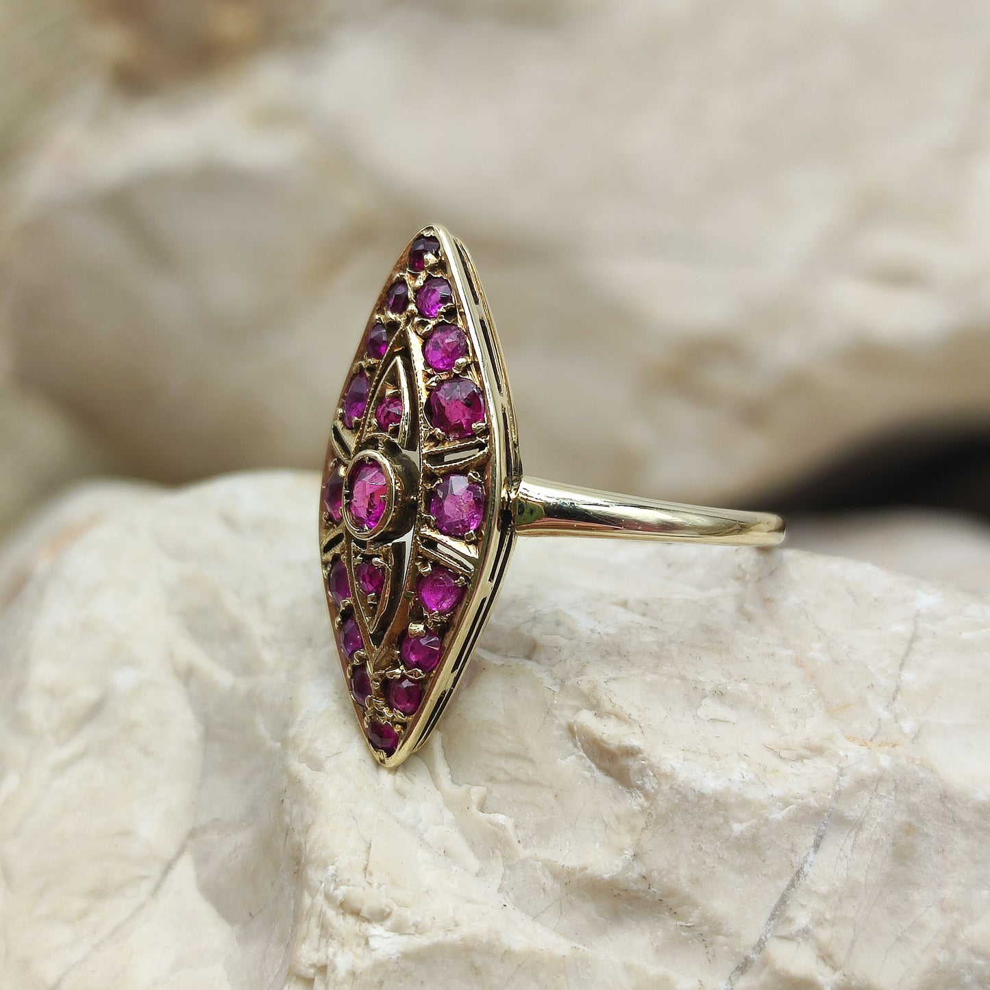 Vintage Ruby Navette ring in 14K gold