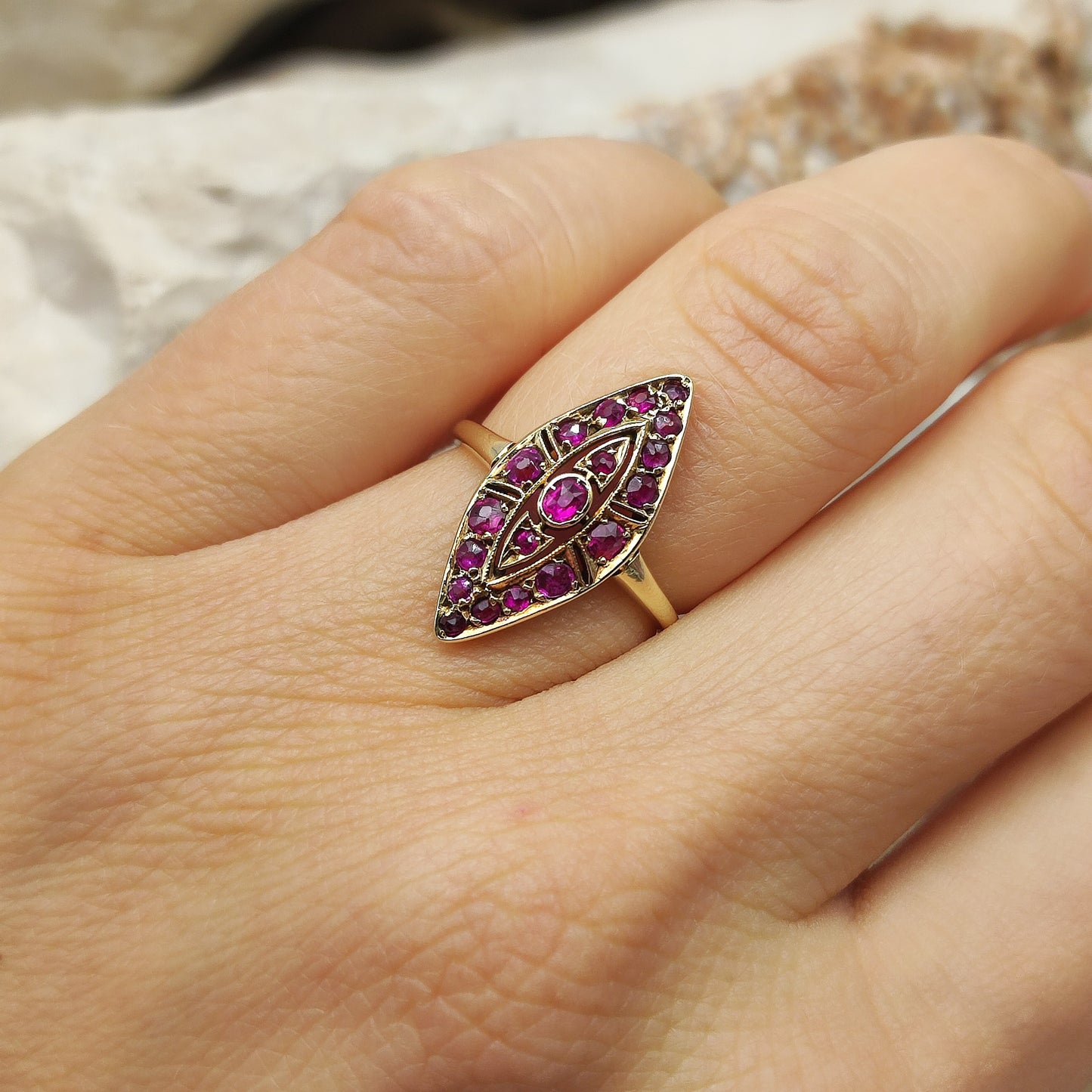 Vintage Ruby Navette ring in 14K gold