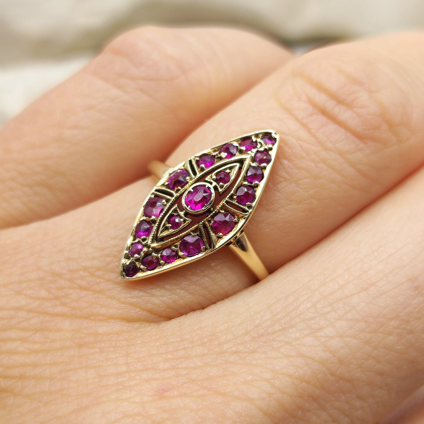 Vintage Ruby Navette ring in 14K gold
