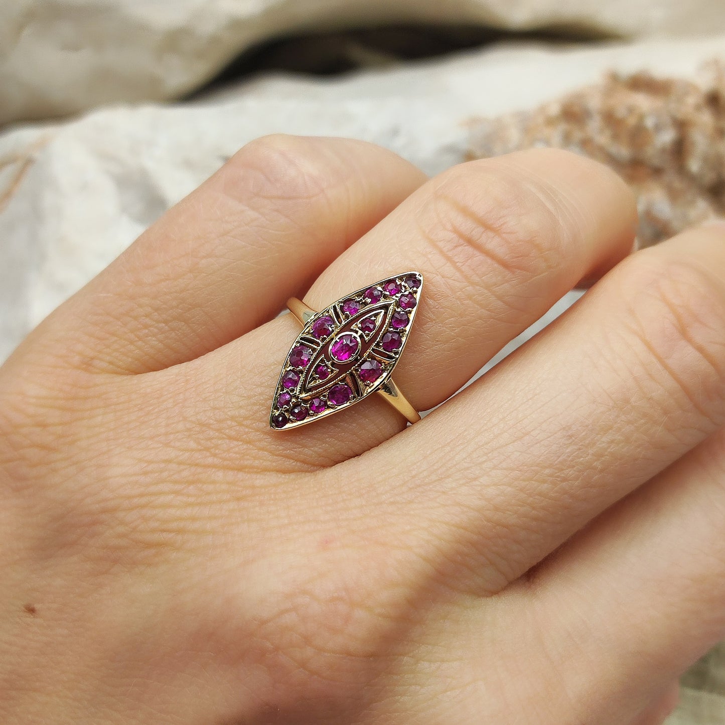 Vintage Ruby Navette ring in 14K gold