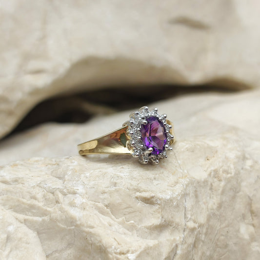 Amethyst and diamond halo ring in 9K gold