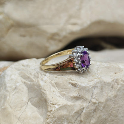 Amethyst and diamond halo ring in 9K gold