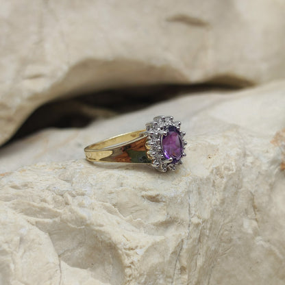 Amethyst and diamond halo ring in 9K gold