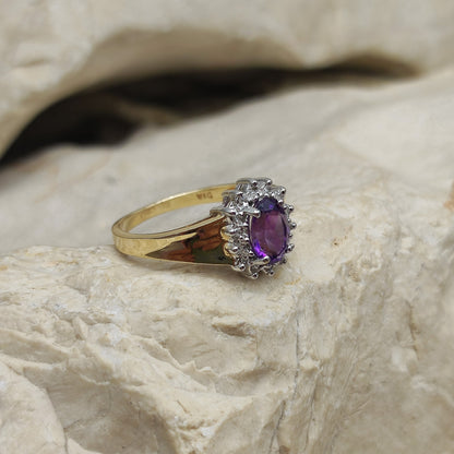 Amethyst and diamond halo ring in 9K gold