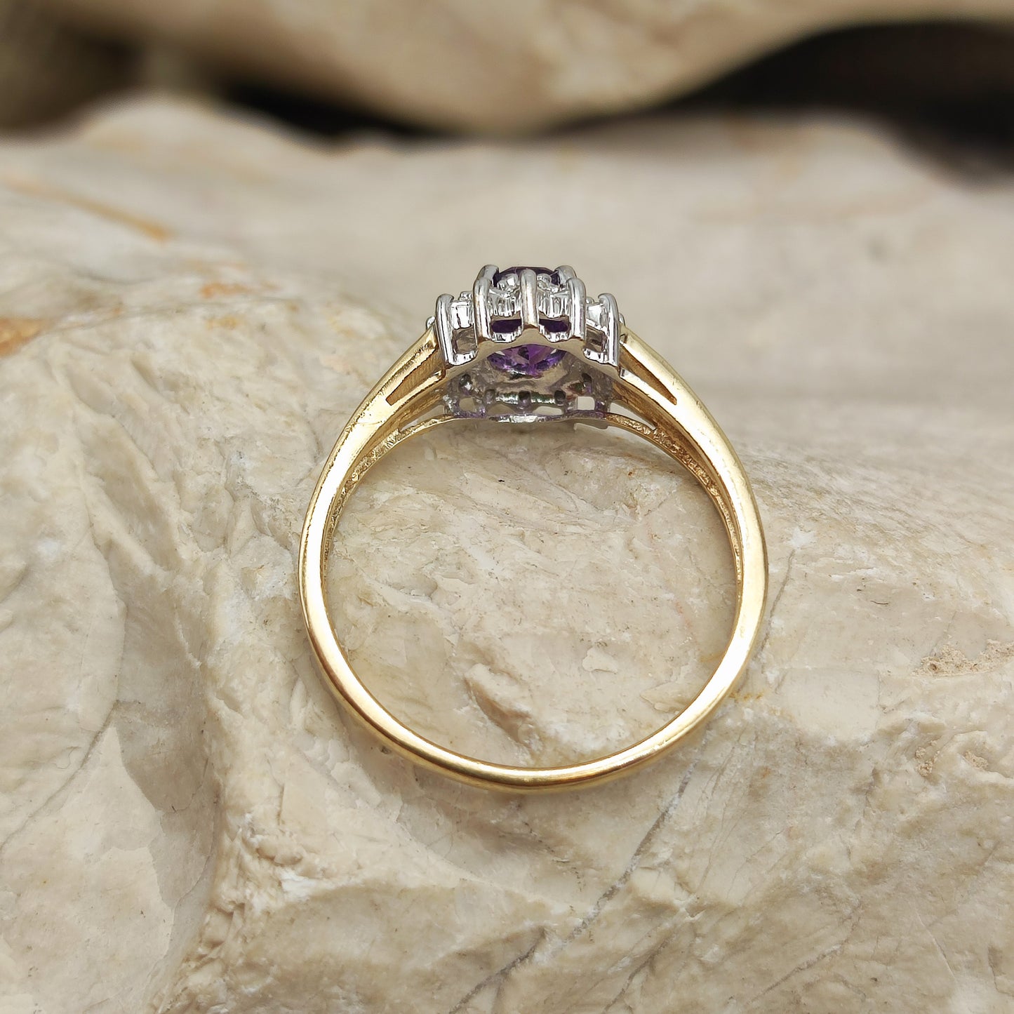 Amethyst and diamond halo ring in 9K gold