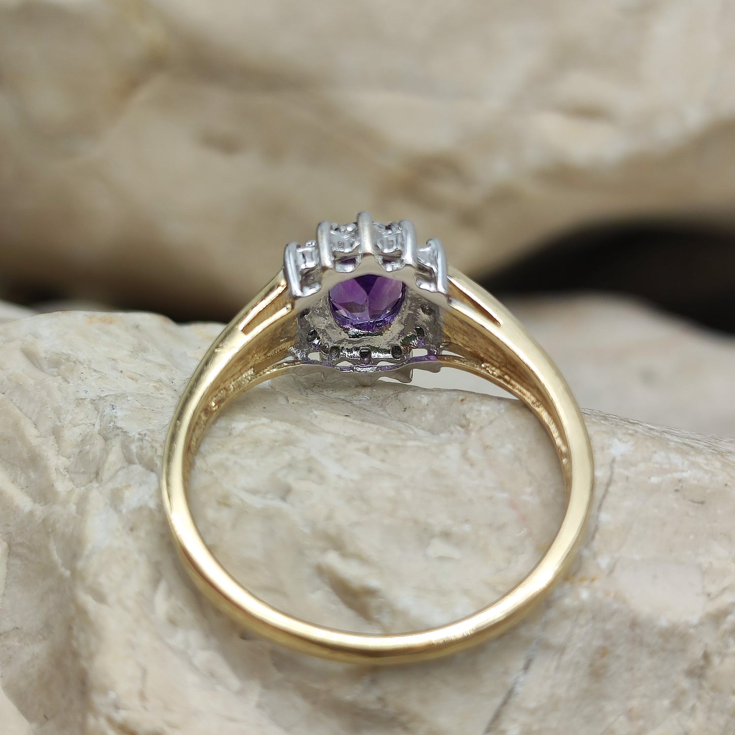 Amethyst and diamond halo ring in 9K gold