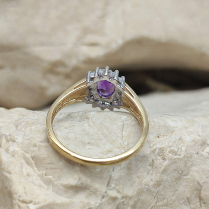 Amethyst and diamond halo ring in 9K gold
