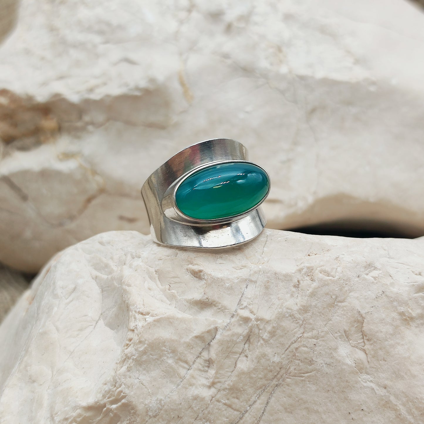 Vintage Silver Ring with Green Agate by Niels Erik From