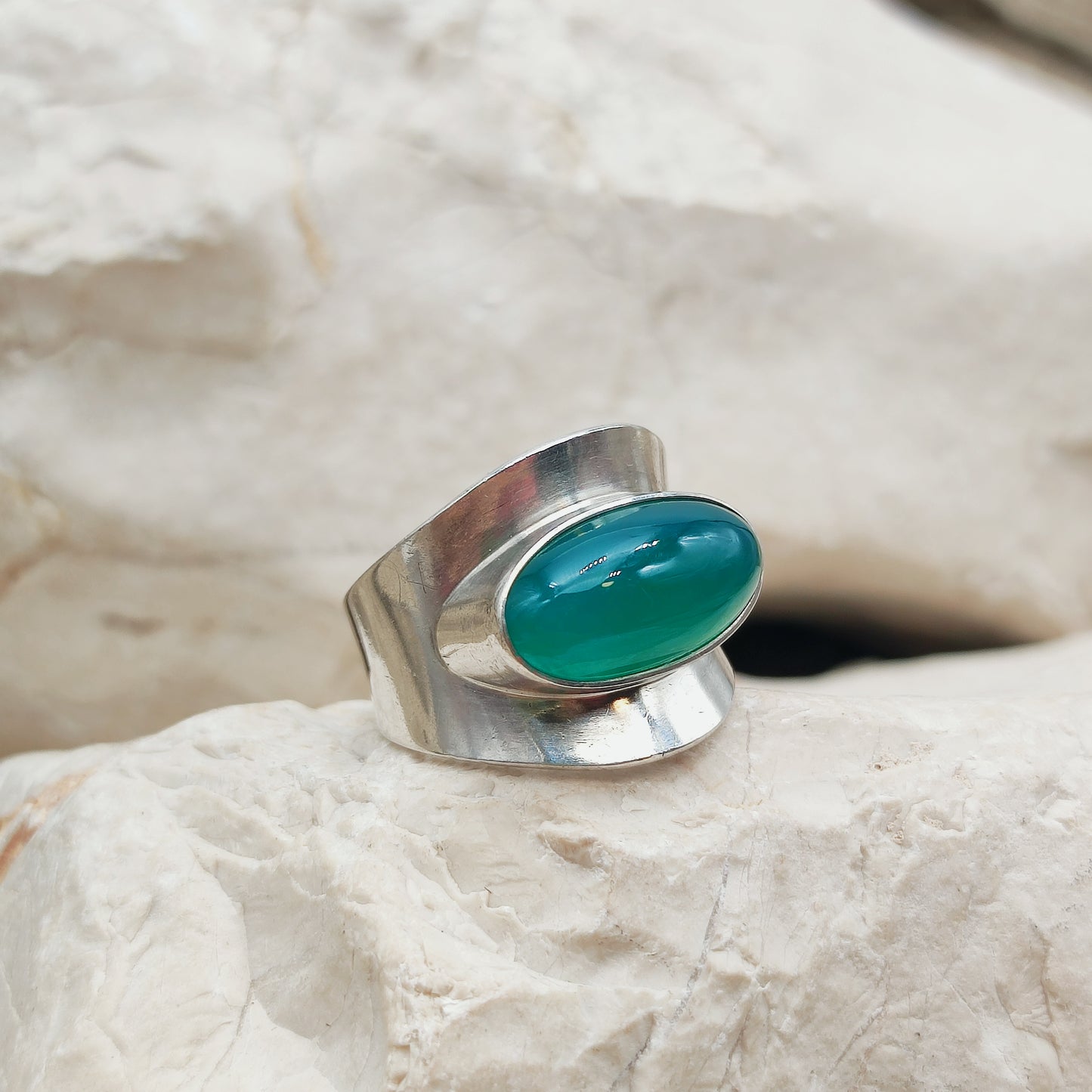 Vintage Silver Ring with Green Agate by Niels Erik From