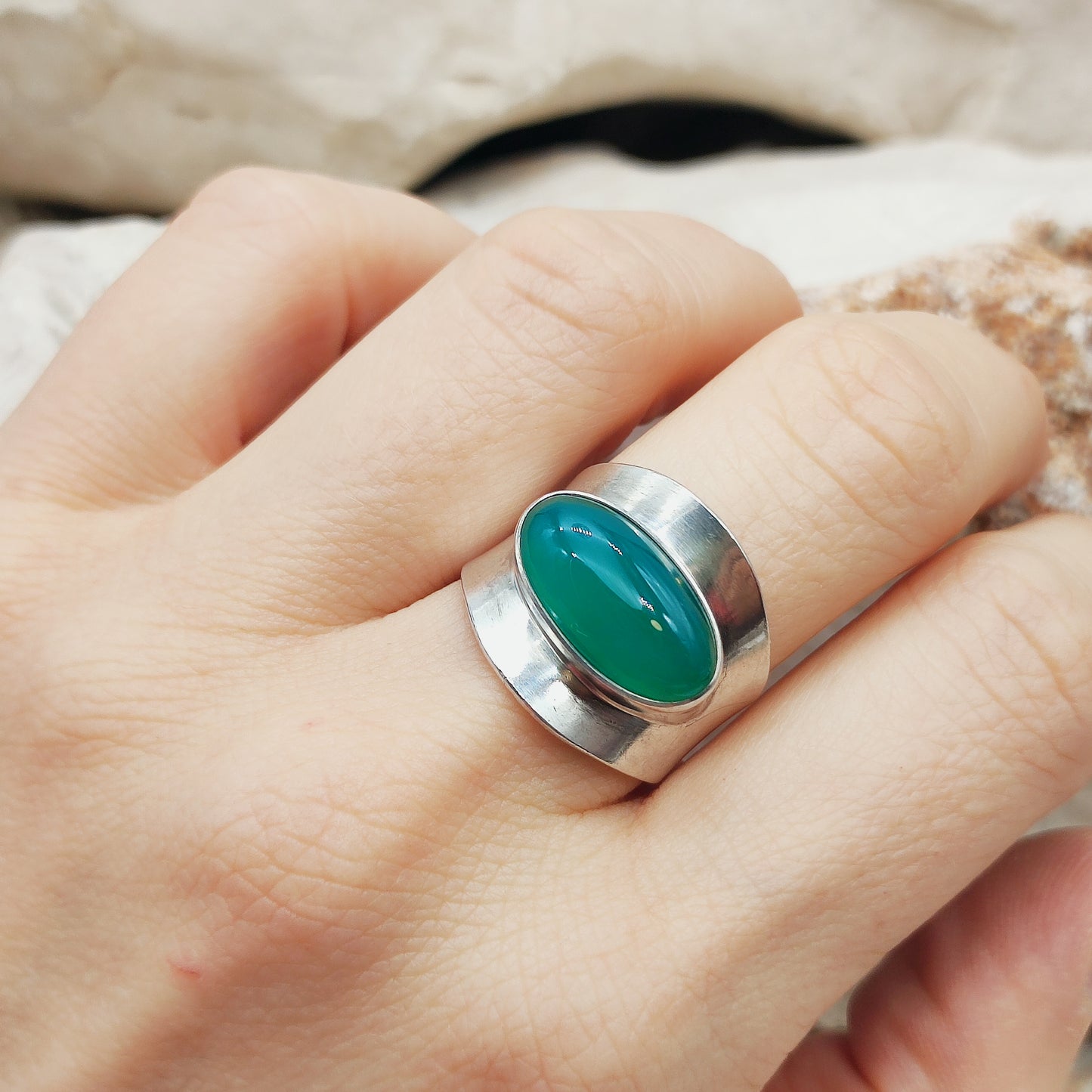 Vintage Silver Ring with Green Agate by Niels Erik From