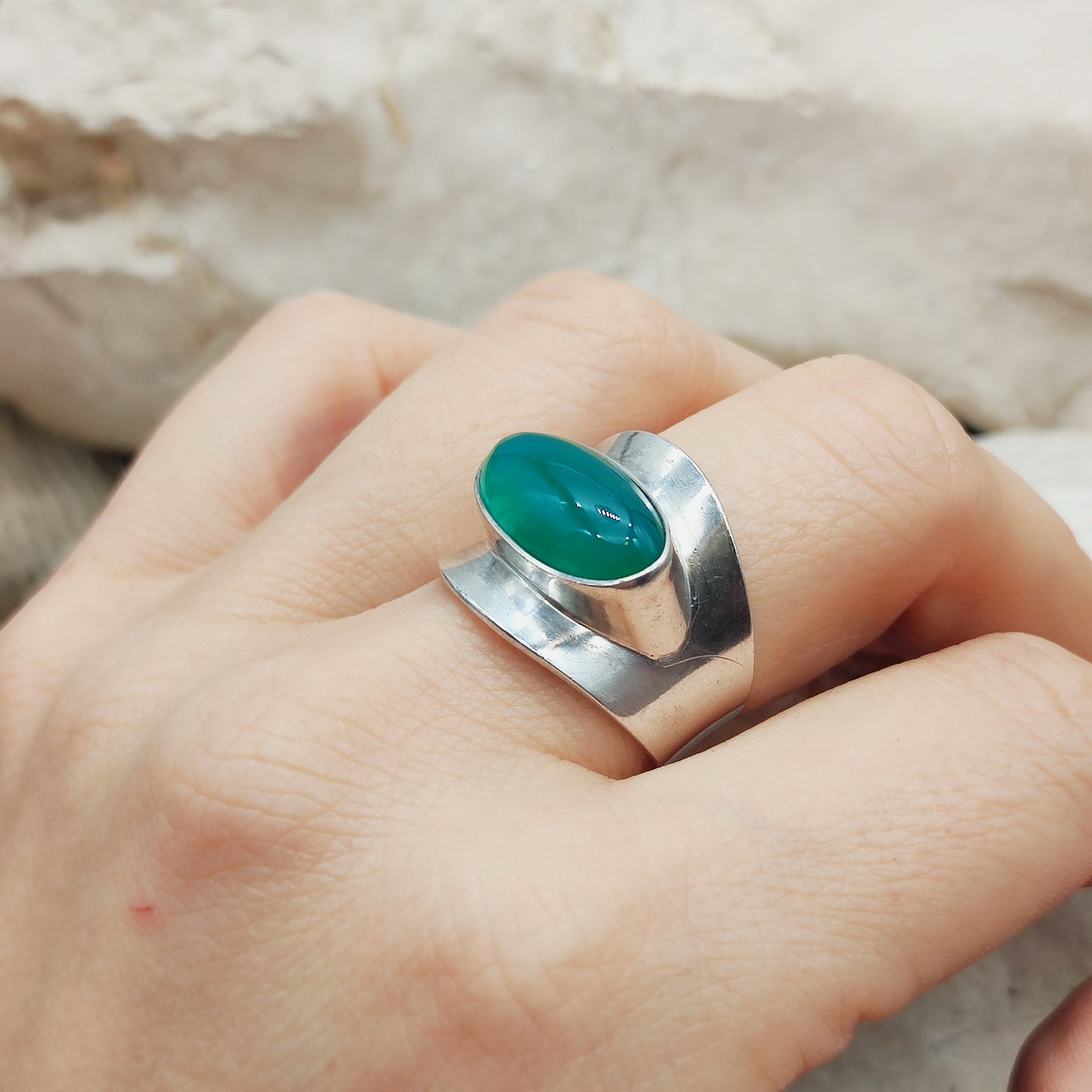 Vintage Silver Ring with Green Agate by Niels Erik From