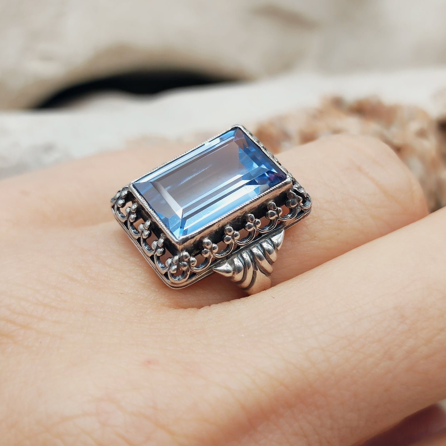 Vintage Interbellum Blue Spinel Silver Ring