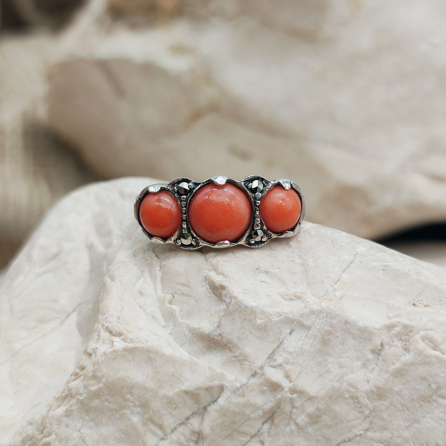 Art Deco silver ring with Coral
