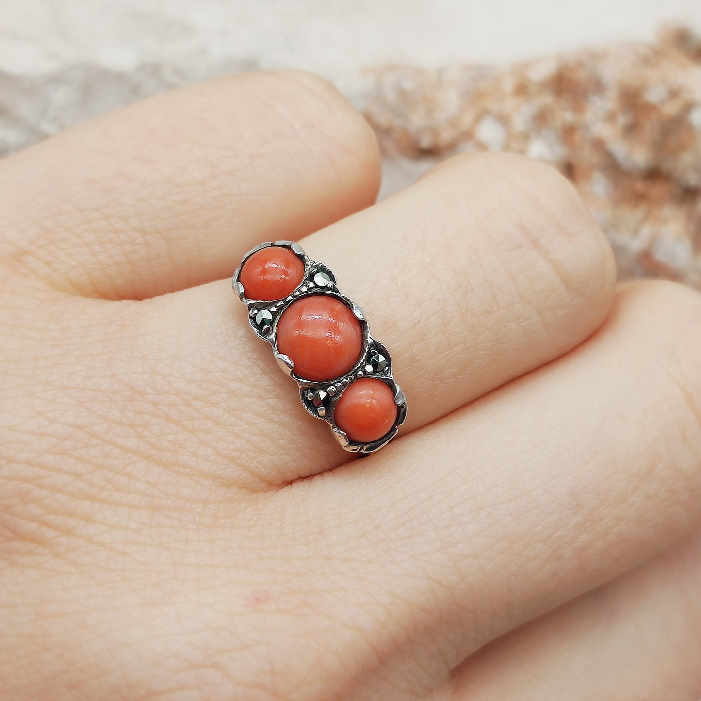 Art Deco silver ring with Coral