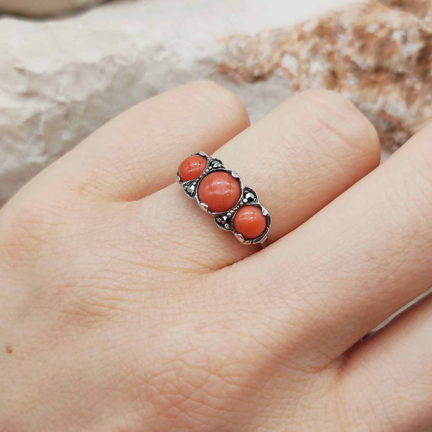 Art Deco silver ring with Coral