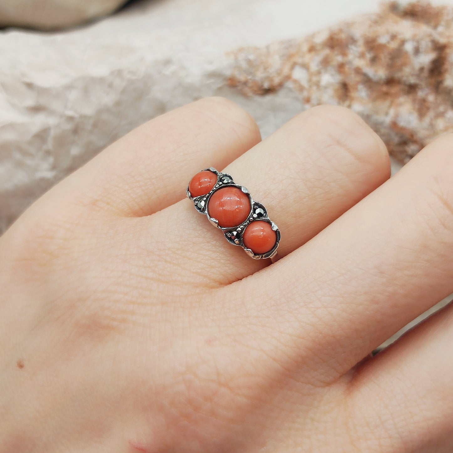 Art Deco silver ring with Coral