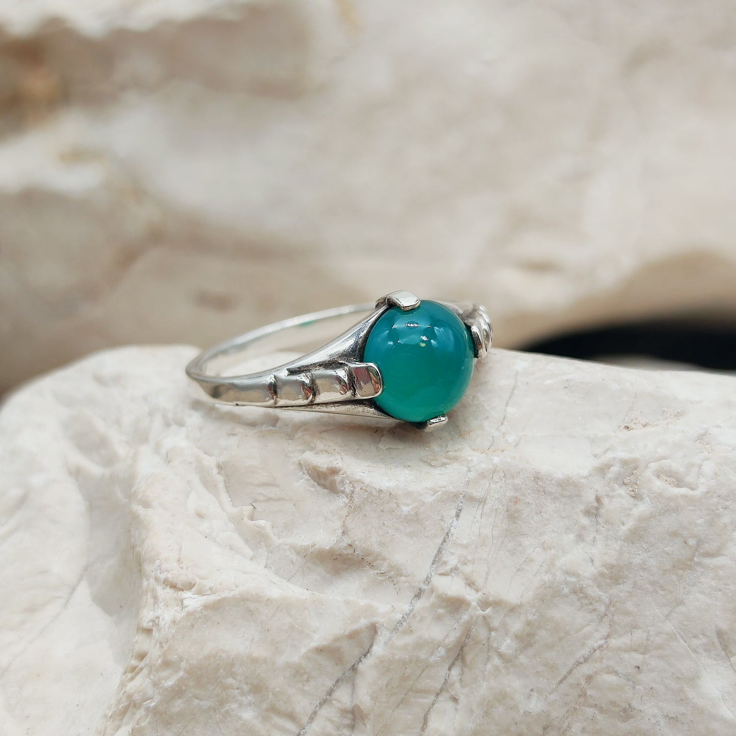 Art Deco silver ring with Green Agate