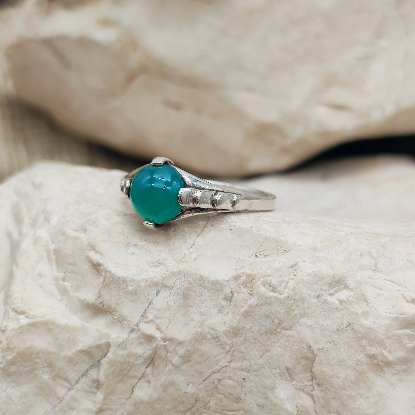 Art Deco silver ring with Green Agate