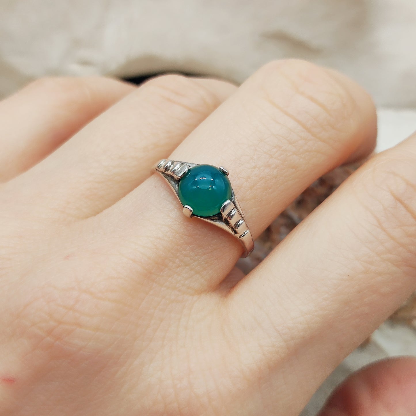 Art Deco silver ring with Green Agate