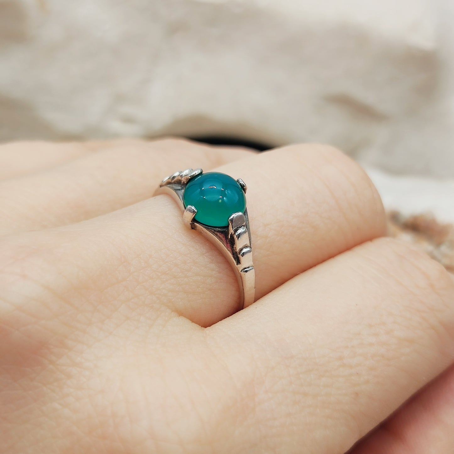 Art Deco silver ring with Green Agate