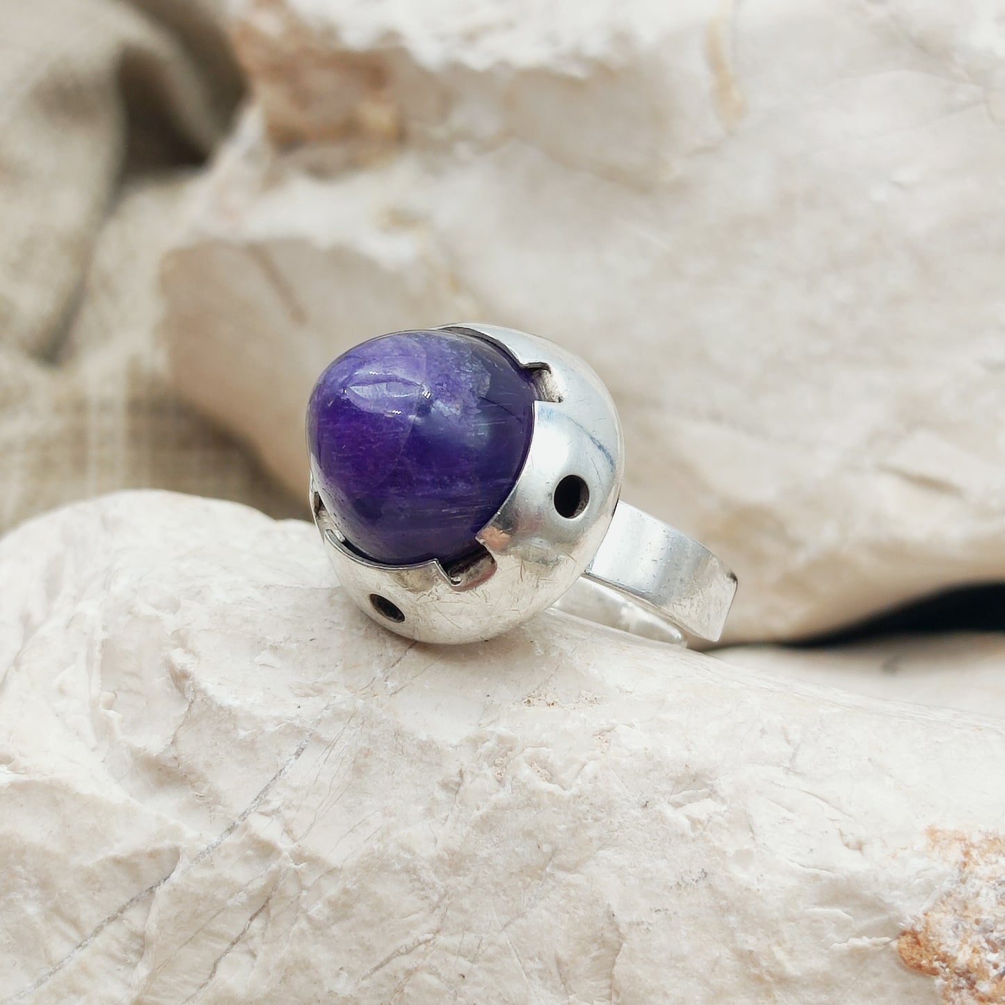 Vintage Amethyst Dome Silver Ring, Finland