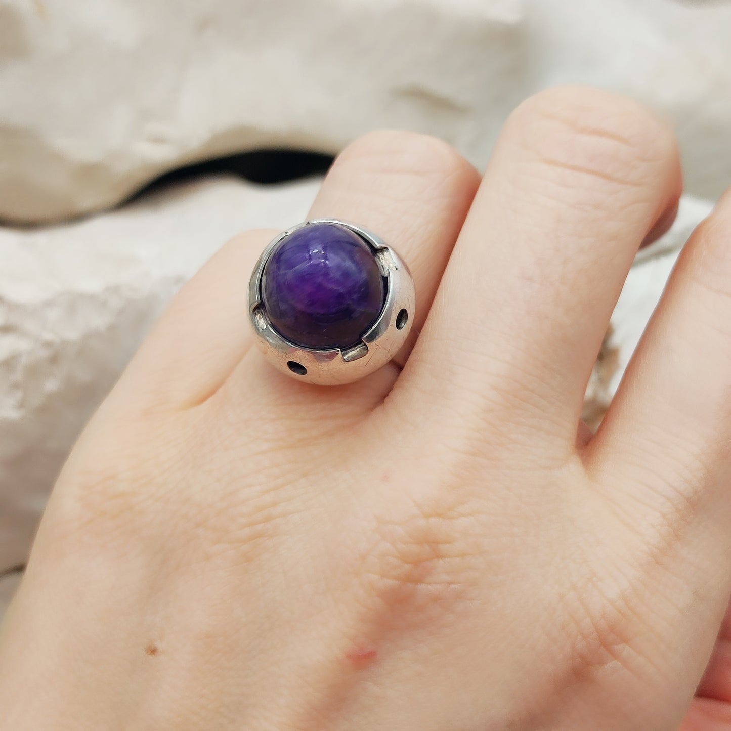 Vintage Amethyst Dome Silver Ring, Finland