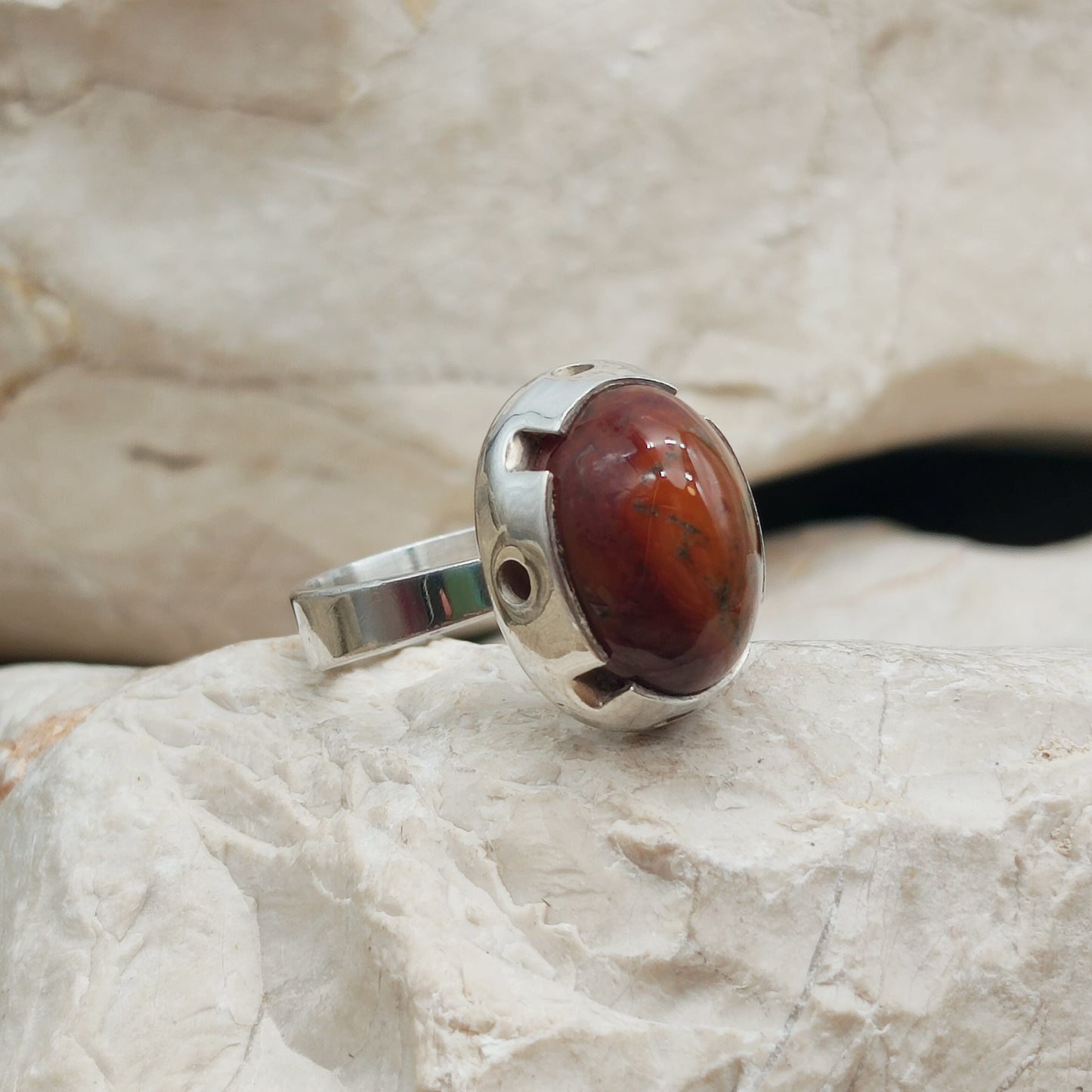 Vintage Red Moss Agate Dome Silver Ring, Finland 1969-1972